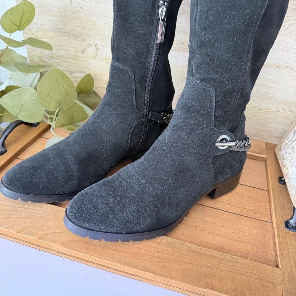 Karl Lagerfeld Paris Black Suede Knee High Chain Detail Boots Lug Sole Size 7.5